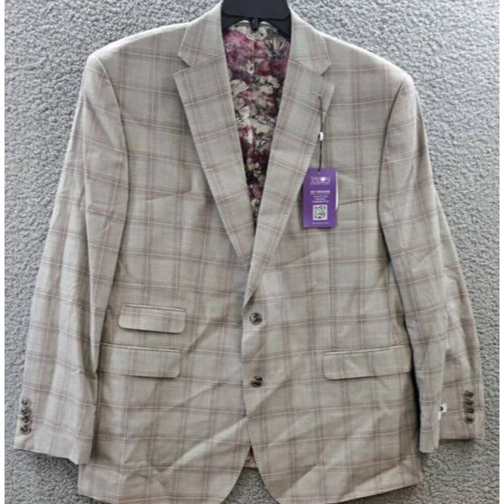 Tayion Collection Regular-Fit Suit Jacket Men's 46R Tan Check Long Sleeve